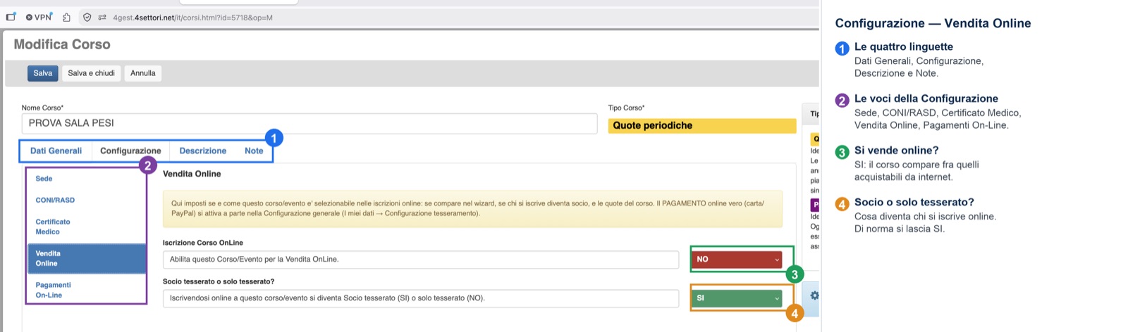 La sezione Vendita Online con i due interruttori