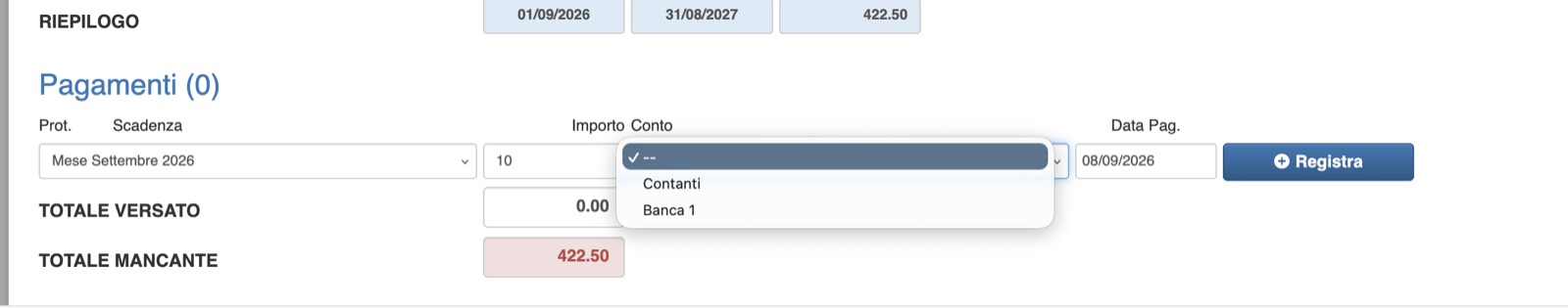 La tendina Conto aperta
